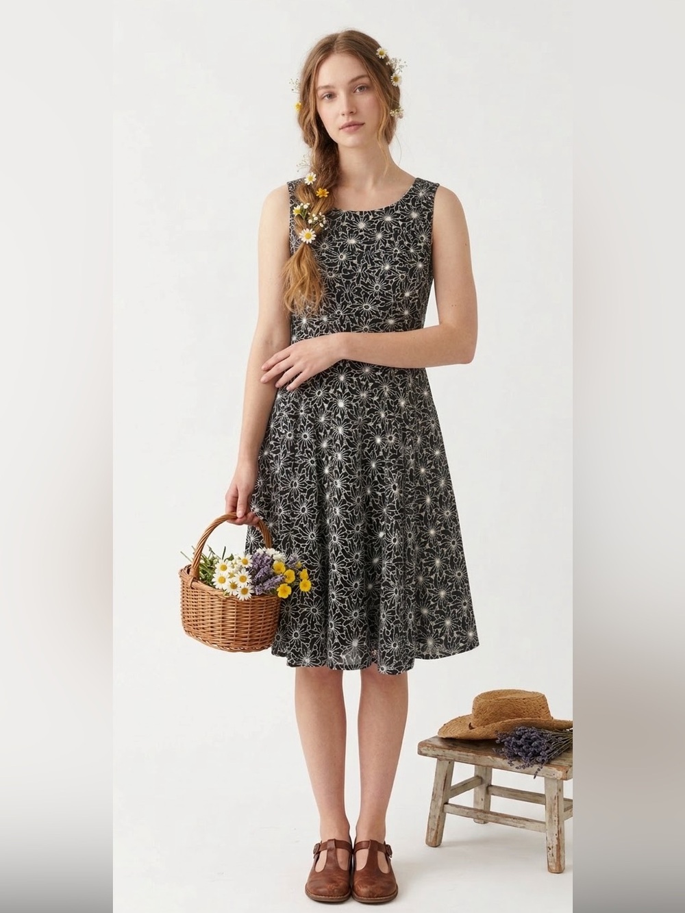 Retro Embroidered Floral Midi Dress Feminine Minimalist Classic Prairiecore Boho